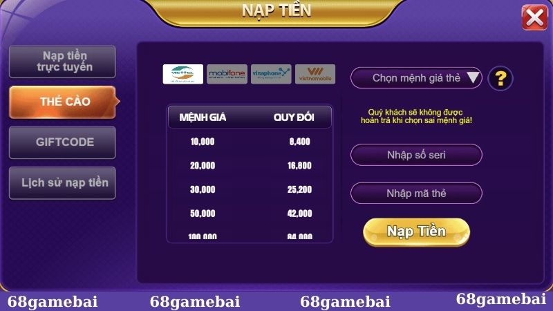 Cần lưu ý điều gì khi nạp tiền 68GB?